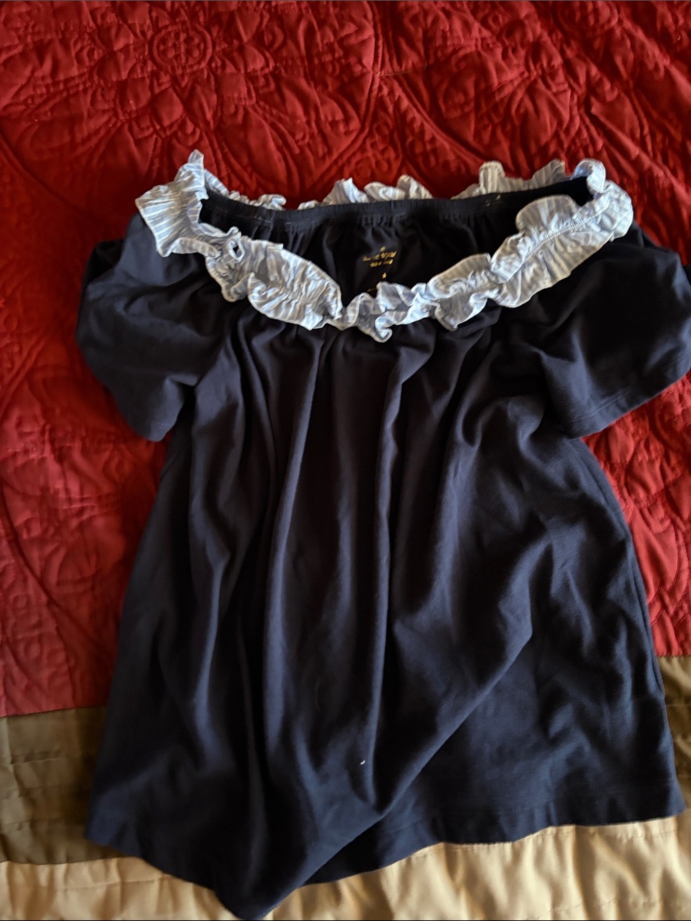 kate spade Navy Off-Shoulder Top with White Ruffle Trim